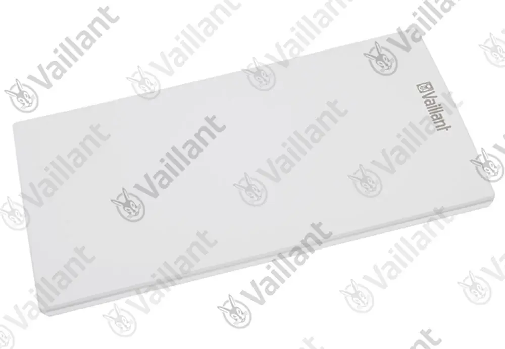 Weißes Frontblech mit Vaillant-Logo, rechteckige Form, flache Oberfläche, geeignet für Einsatz in Heizsystemen oder Ähnlichem.